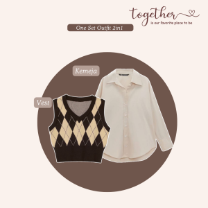 One Set Korean Style OOTD Hijab Outfit | Vest Rajut + Kemeja + Celana + Bella Square - BU95N