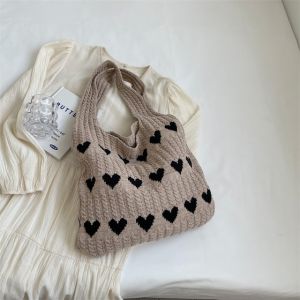 228Lovely R Knitted Bag Woven Tote Bags Y2k Korean Fashion Women Big Shoulder Bag Soft Wool Handbag 2024 Winter