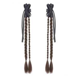 DEER 2Pcs Boxing Braided Black Bowknot Ponytail Ballet Style Double Ponytail Twist Braid Wig Trendy Long Pony Tail Hairpiece for Women