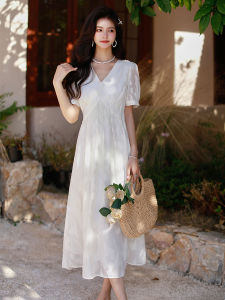 Impression Fashion Store Women Summer Chiffon V-neck Plain Short Sleeve Slim A-line Long Dress