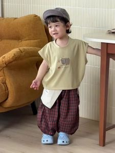 Childrens clothing summer baby clothes Korean-style childrens wear 2026 Boys Cartoon T Shirt and plaid pants set