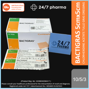 Bactigras 5x5cm Smith & Nephew Acetate Tulle Gras dressing bactigrass Chlorhexidine Paraffin 樂輝殺菌油性紗布 7456 86300403