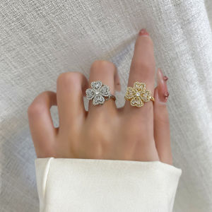 Lucky Flower Ring Sparkling Four-Leaf Clover Rotating Adjustable Spinner Ring Rotating Flower Ring for Womens Small and Fashionable Light Luxury Zircon Stone 甜酷个性可旋转花朵戒指女小众时尚轻奢锆石ins冷淡风开口食指环