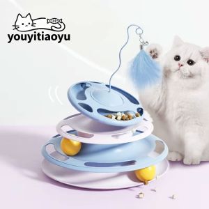 YOUYITIAOYU Cat Tower Toys 3-Layer Spinning Balls Cat Toys Leak Food Feather Teasing Cat Toys Mainan Kucing