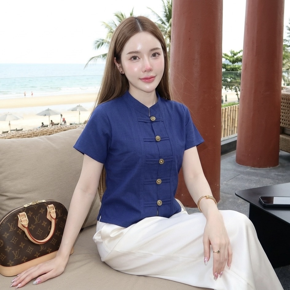 เสื้อคอจีนแขนสั้นกระดุมเหรียญ ผ้าฝ้ายชินมัย ทรงสวย ใส่สบาย ไซส์ใหญ่ก็ใส่ได้