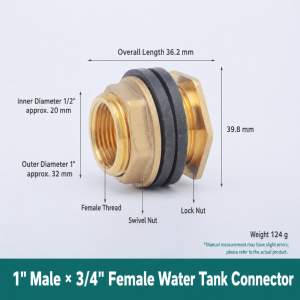 LUXEMO 1Pcs Male Female Thread Brass Water Tank Connector 1/2" 3/4" 1" Brass BSP Thread Connector Durable Sealing Ring Bulkhead Pipe Joint for Water Tank Fish Tank