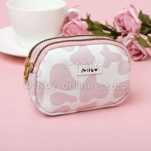 Women Cute Cow Print Double Pocket Mini Purse Portable Card Holder Coin Wallet Fashion Storage Pouch Mothers Day Gift