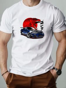 Men T-Shirt 100% Cotton Retro Car Cartoon Pattern Print Summer Round Neck Breathable Casual Short Sleeve Fashion T Shirt