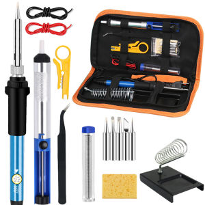 Soldering Iron Kit Electronics 15 Pieces Set 60W Adjustable Temperature Welding Tool 5 Soldering Tips Desoldering Pump w/ heater Soldering Iron Stand Tweezers