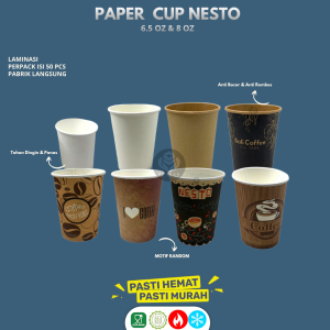 (50 Pcs) Paper Cup 8oz / Gelas Kertas Putih Motif / Gelas Kopi / Lid Paper Cup