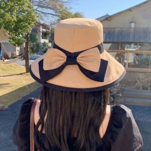 YOCKY Korean Style Wide Brim Sun Hat Sun Protection Anti-UV Sunscreen Fisherman Hat Sweet Solid Color Bow Bucket Hat Women
