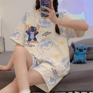 Summer Cartoon Stitch 2Pcs Womens Pajamas Shorts Sanrio Kawaii Cinnamoroll Y2K Short Sleeve Thin Cute Girls Casual Home Clothes