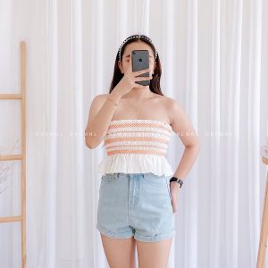 DNEMNLPH Morgan Linen Smocked Printed Bandeau Tube Top -Trendy Korean Womenswear Basic Peplum Summer Freesize