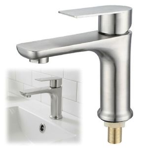 COOLCELLS Single Cold Bathroom Faucet Stainless Steel Rotary Switch Lavatory Basin Faucet Easy Operation Single Handle Deck Mounted Faucet Guest Bath