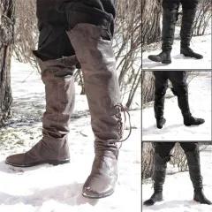 Men Men's Winter Boots Vintage Medieval Knee HighBoots Cross Strap Lace Up  Boots