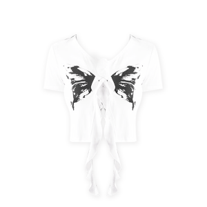 เสื้อครอปสีดำ แขนสั้น คอวี ติดกระดุมหน้า อกพิมพ์ลายผีเสื้อแต่งระบายปล่อยชายยาว เสื้อยืดผู้หญิง #3032