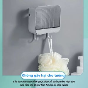 Giá Đỡ Điện Thoại Nhà Tắm Kiêm Hộp Xà Phòng – Khay Thoát Nước Dán Tường 2 Móc Treo