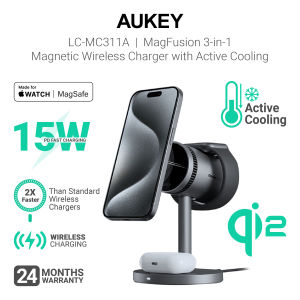 AUKEY LC-MC311A MagFusion 3-in-1 Qi2 15W Magnetic Wireless Charger MFI Certified with Active Cooling System