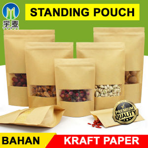 STANDING POUCH KRAFT PAPER COKLAT WINDOW / PLASTIK KLIP KRAFT PAPER KEMASAN SNACK DAN KOPI