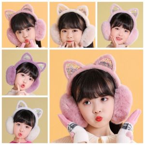 SWEET TIM การ์ตูนลายการ์ตูน ที่ปิดหูกันหนาวกำมะหยี่ ที่ครอบหู กลิตเตอร์ ที่ปิดหูกันหนาวหูแมว การปั่นจักรยาน พับเก็บได้ ที่ครอบหูฤดูหนาว สำหรับเด็กๆ