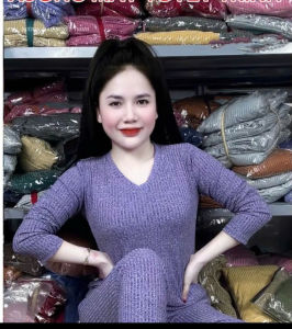 Đồ bộ cổ tim tay dài quần suông Set đồ bộ nữ mặc nhà đồ bộ gân đũa lạnh đồ bộ thun lạnh đồ bộ ủ kem