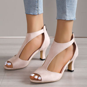 Free Shipping Plus-Size Chunky-Heeled Suede Open-Toe Sandals With A Hollow Design Featuring A One-Strap Heel And A Roman-Style Open-Toe Design