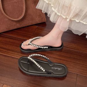 Pearl Flip-Flops For Women Summer Outdoor Wear Toe-Post Sandals Low-Heeled Beach Roman Style Niche New Design Sandals