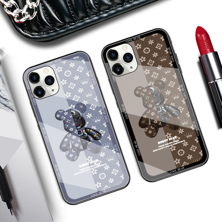 Phone Case With Strap Redmi Note 11s 11 SE 12 Pro 4G 5G Fashion Robot Cool Bear Pattern Hard Glass Protection Casing