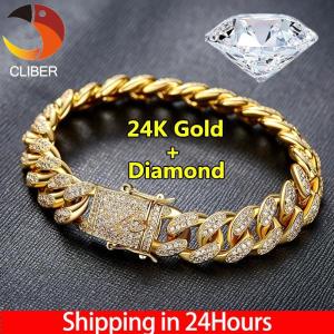 Cliber แฟชั่นบุรุษสตรีโซ่ฮิปฮอปเย็นออกขอบคิวบาเพชร 18 พันทอง/24 พันทอง/925 สร้อยข้อมือชุบเงินปูล้าง rhinestones