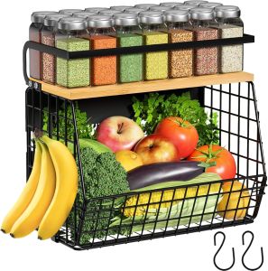 Ofiray-home Magnetic Shelf for Fridge with Wood Lid Fruit Potato and Onion Storage Bins Pantry Organizers & Storage Large Container Magnetic Spice Rack for Refrigerator Kitchen Counter Cabinet