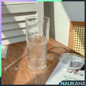 Nau.K 550ml Creative Glass Water Cup with Straw and Lid Juice Milk Tea Coffee Cold Drink Mug
