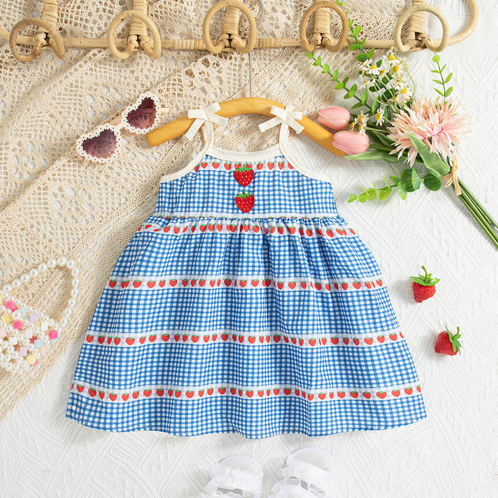 Baby Girl Dress Summer Cute Strawberry Printed Bow Strap Strap Girl Dress  Sweet And Casual Princess Style Baby Girl Dress(0-3 Years Old)