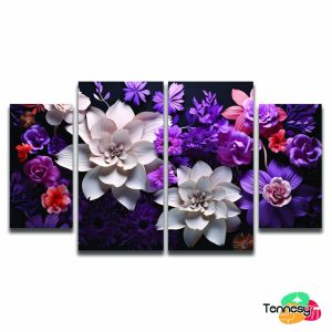 TENNESY Hiasan Dinding Aesthetic 1 Set Bunga Ungu 3D Paper Art 4 Panel Wall Decor Pajangan Kamar