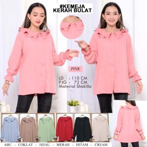 B&R Kemeja Wanita Frilly Lengan Panjang Kerah Bulat / Pink / Hijau / Coklat / Cream / Merah / Cream / Hitam / Abu