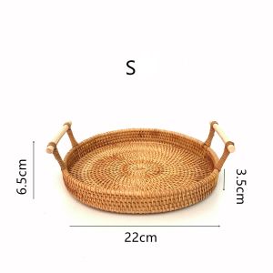 Minimalist Aesthetic Retro Natural Handmade Woven Rattan Table Breakfast Tray Food tray Round Fruit Basket with Handle
