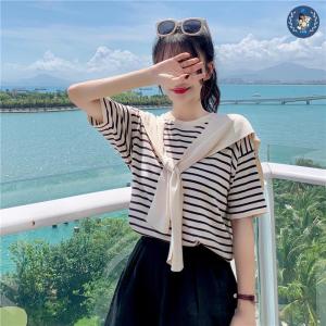 💥[A235] Áo len thun nữ Montoghi dệt kim PHỐI KHĂN QUÀNG CỔ kẻ sọc kiểu dáng Quảng Châu mới lạ - L2M