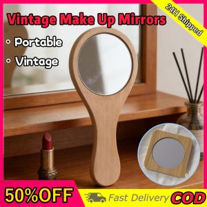 Vintage Wooden Make Up Mirrors With Handle Portable Handheld Makeup Mirror Suitable for Daily Use
