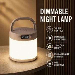 Rechargeable LED Night Light Touch Control 3 Color Dimmable Bedside Lamp USB C Clock Handle