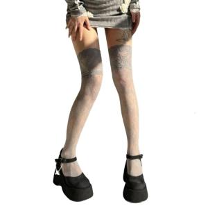 Vintage Full Lace Fishnet Thigh High Stockings for Women Flower Pattern Mesh Over Knee Long Boot Socks Lingerie Hosiery