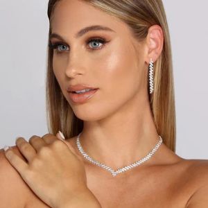 Wedding Lozenge Step Style Rhinestone Necklace Earrings Set For Women Jewelry Choker Tassel Earring Bridal Gift Party