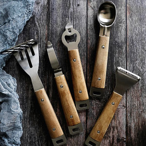 OMK Stainless steel kitchen tool set with wooden handle Ice cream spoon corkscrew potato skin peeler fruit skin peeler mashed potato tool