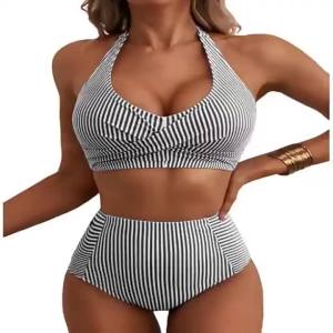 2026 Hot Sale [ Shipped from China ]2026 New womens high-waisted style  2  Two-piece bikini set halter neck patch pocket swimsuit striped swimsuit beach swimsuit B3