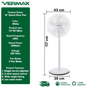 Vermax electric fan stand fan 5 blades 16 Inch Floor Fan Strong Wind Energy Saving Natural Wind