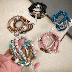 shiqinbaihuo 5 chiếc vòng tay hạt gạo nhiều lớp phong cách bohemian Vòng tay dây đàn hồi Mặt dây chuyền cánh trang sức phong cách dân tộc