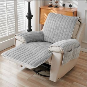 VOYUE Non-Slip Recliner Sofa Cover Flannel Plush Wear Resistant Armchair Cover Side Pockets Sofa Slipcovers Home Use