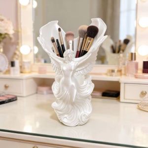 OMQAIO Trang trí bàn làm việc Bình hoa hình nữ thần Đồ trang trí nghệ thuật In 3D Hộp đựng cọ trang điểm Đa Năng Trắng Giá đỡ bút hình đôi cánh Vật dụng văn phòng phẩm