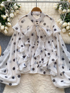 SINGREINY Spring Chiffon Polka Dot Blouse Women Bow Collar Long Lantren Sleeve Fashion Casual Streetwear Basics Loose Thin Tops2026