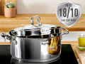 Bộ 3 nồi inox cao cấp Tefal Duetto Plus G719S674, Chất liệu inox 18/10 cao cấp an toàn cho sức khỏe, Vạch đo nước tiện lợi, Thiết kế nắp đậy thông minh và vòi rót giúp chắt nước dễ dàng, Sử dụng trên mọi loại bếp. 