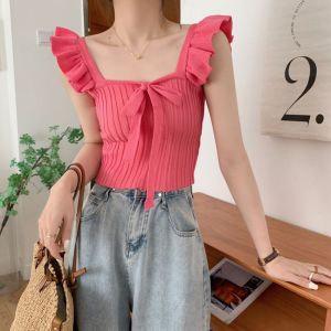 SM Ruffle Edge Tank Top Solid Color Bow Knot Tank Top Gentle Korean Style Sleeveless Top