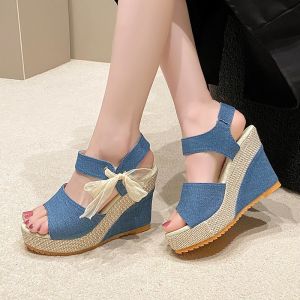 [Free Shipping] 2025 Summer New WomenS Sandals Wedge Heel Lace Peep-Toe WomenS One-Strap Buckle Platform Thick Sole